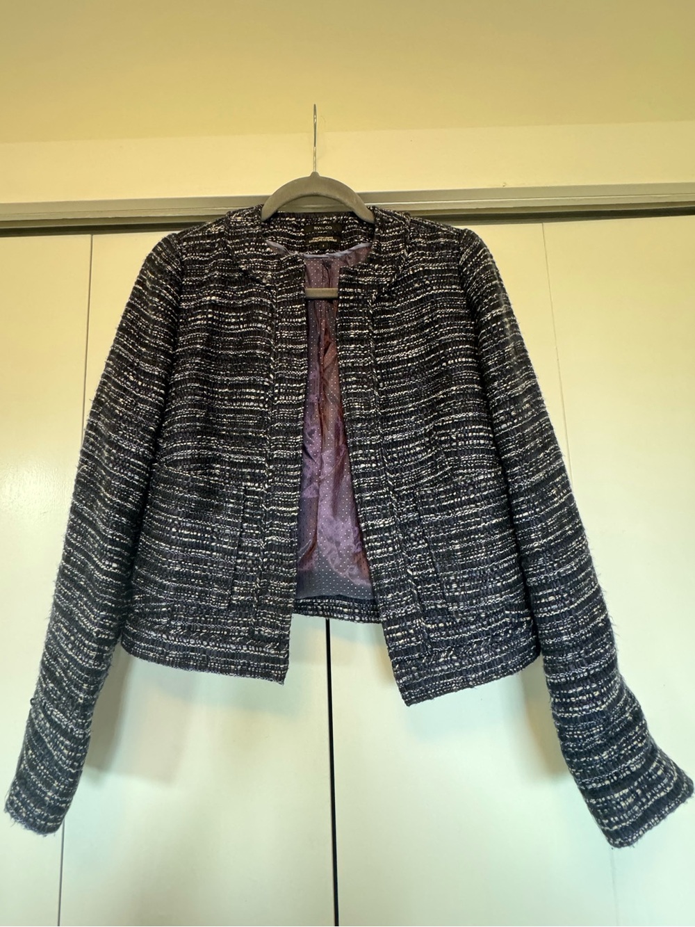 RW&CO. Black White Boucle Tweed Cropped Blazer Stretch Lined Suit Jacket Size 2